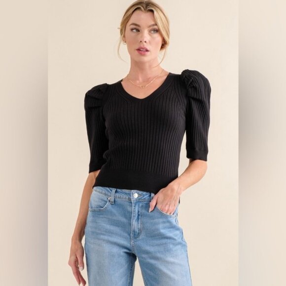 And The Why Tops - And The Why Puffed Half Sleeve Rib Basic Top